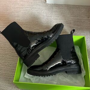 Loeffler Randall Black Croc-Embossed Patent Chelsea Booties
